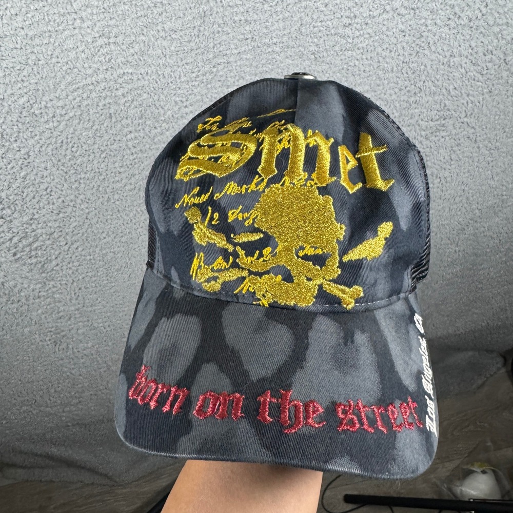 Y2K Smet by Christian Audigier Trucker Hat Black Camo Skull Born on the Street